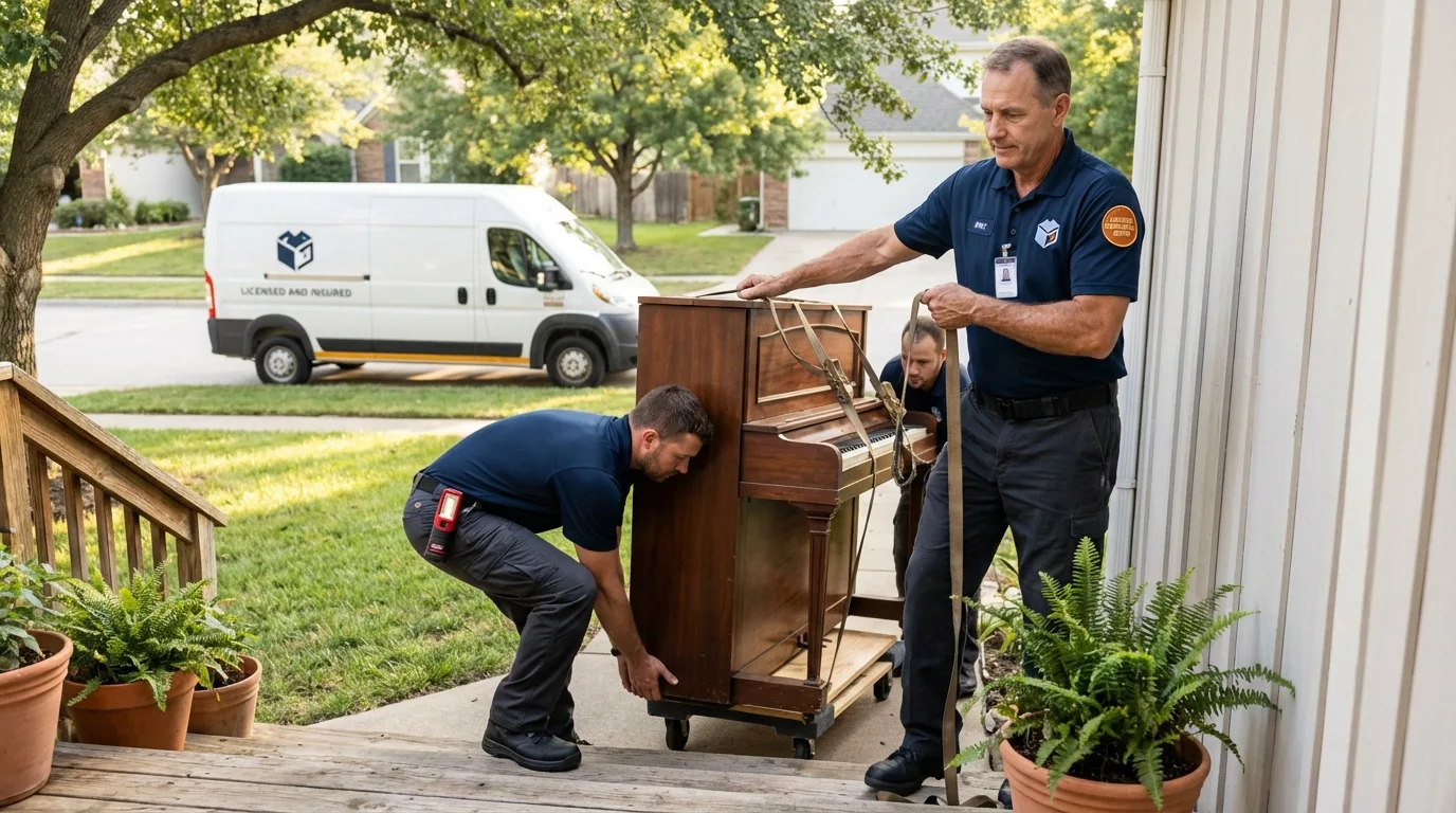 Licensed piano movers securing grand piano in Duxbury, MA